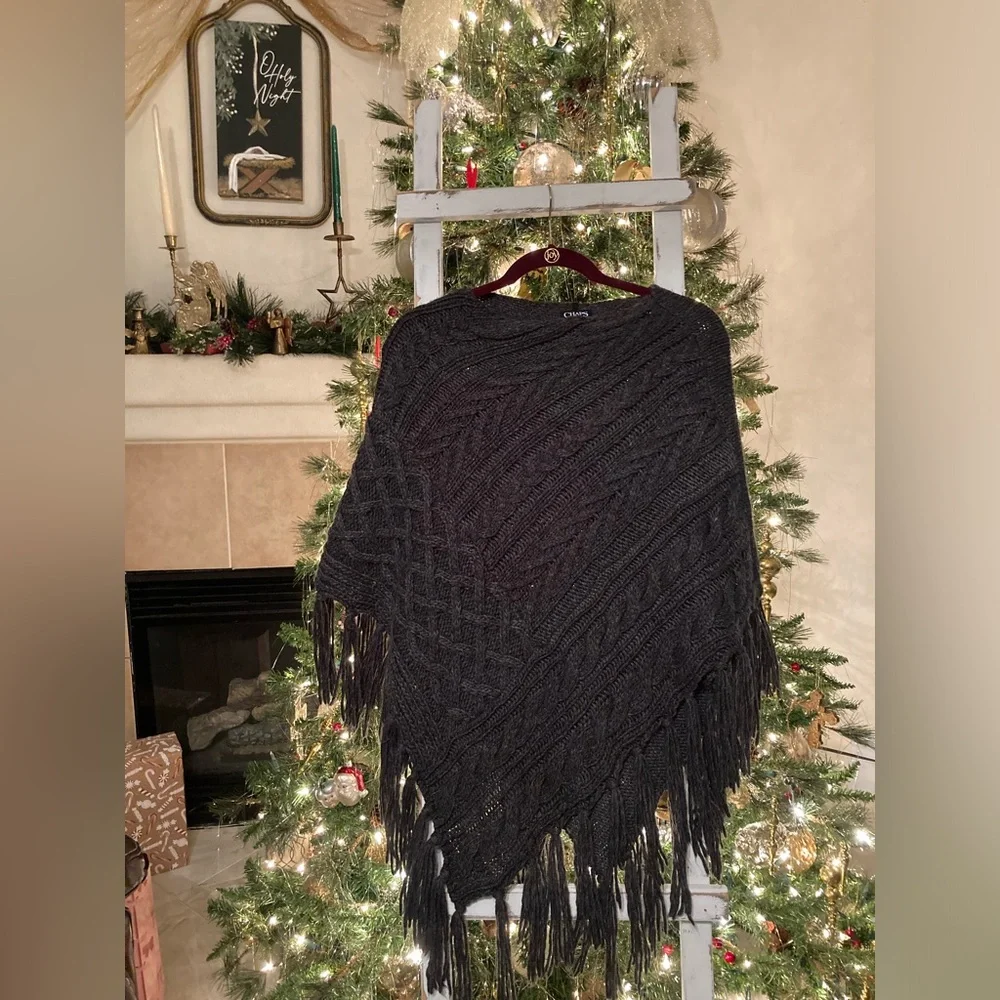 Chaps Knit Poncho with Fringe S/M